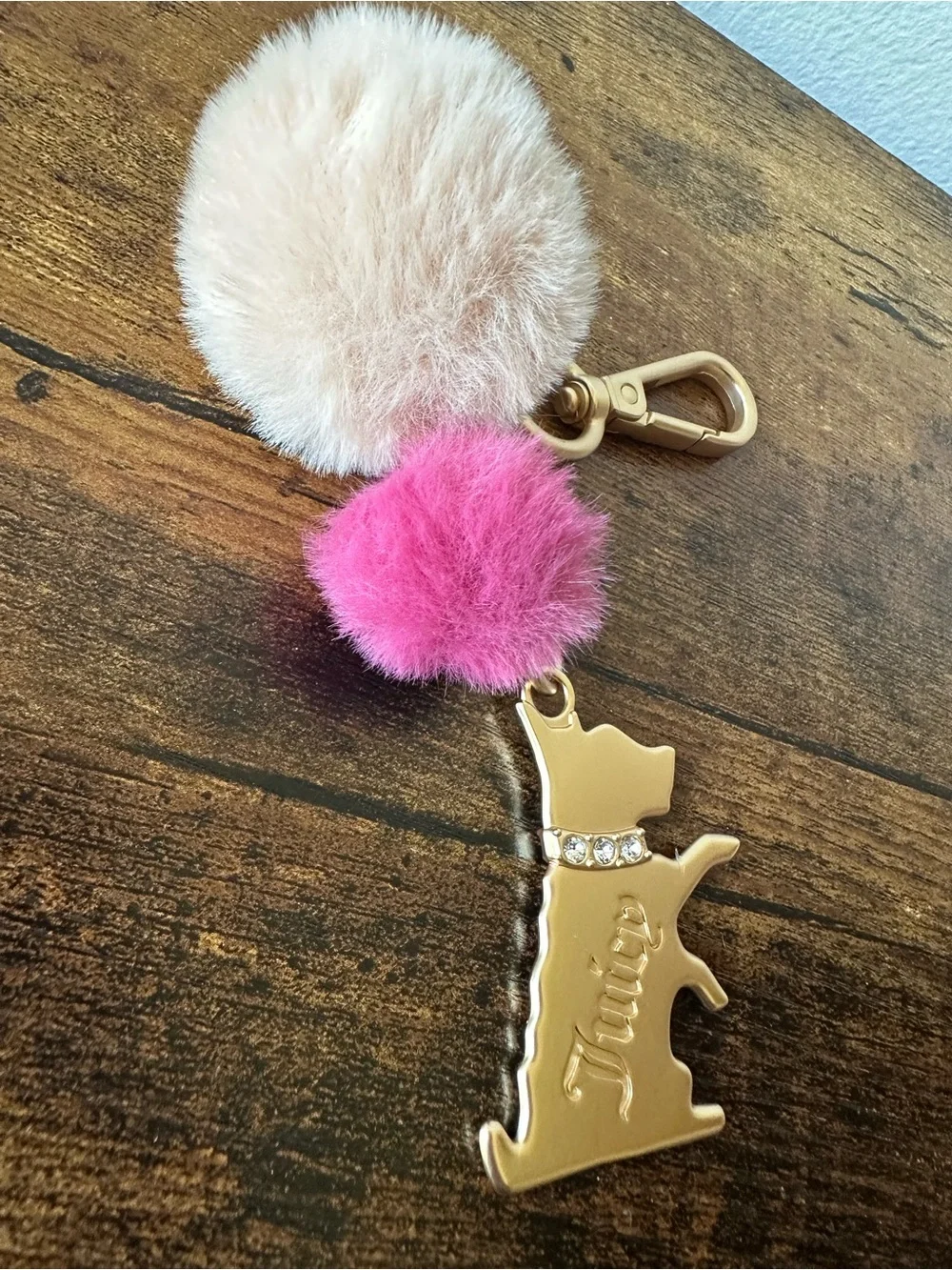 Juicy Couture Gold Dog Bag Charm Keychain with Pink & Beige Pom Poms NWOT